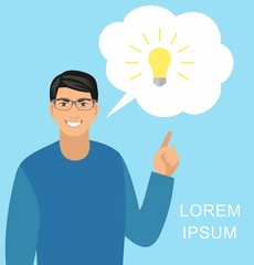 Concept idea. Vector illustration of a creative young businessman pointing at light bulb as a symbol of having an idea