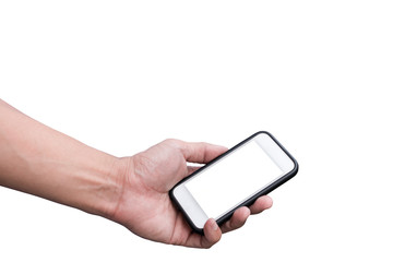 Hand holding smart phone on white background with clipping path