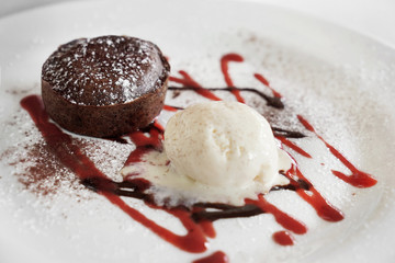 Tasty chocolate cake on plate, closeup