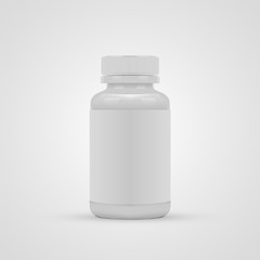 Blank pills container with blank label isolated on white background