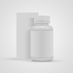 Blank pills container with blank label and package box isolated on white background