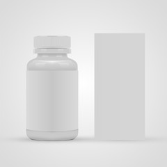 Blank pills container with blank label and package box isolated on white background