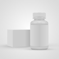 Blank pills container with blank label and package box isolated on white background