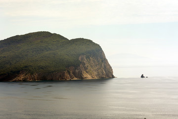 Beautiful panoramic green forests with blue sea and sky