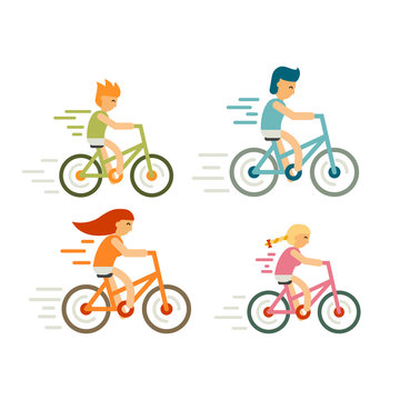 Set of bicycle rider in flat style. Modern family, leisure, holidays and activities, cycle race, distillation, moving. Cyclist man, woman, children, racing cyclist on bike  - stock vector
