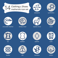 Vector line icons of fabric feature, garments property symbols. Elements - cotton, wool, waterproof, uv protection. Linear wear labels, textile industry pictogram.