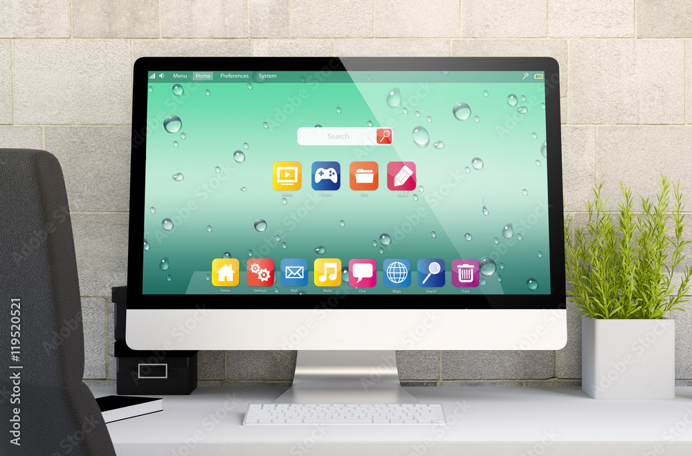 Wall mural workspace with computer