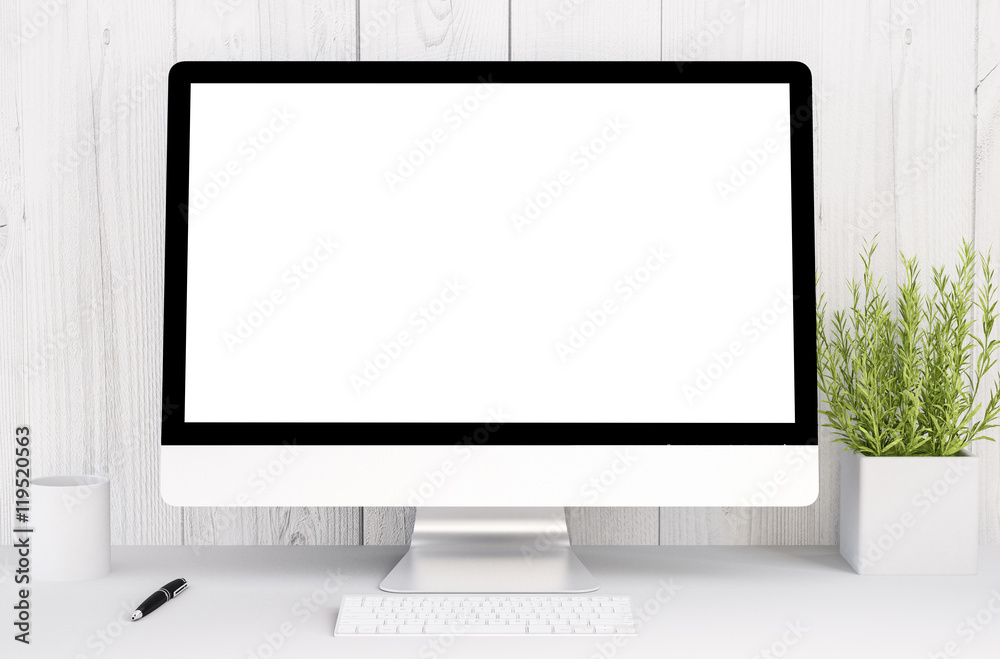 Sticker white workspace with mockup computer