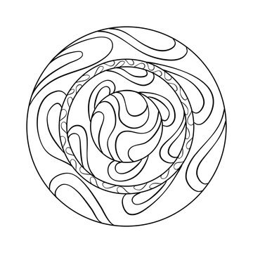Asymmetrical mandala design with drops in a circle geometric shape.