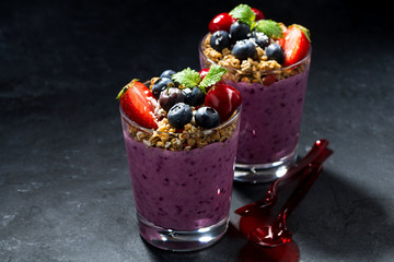 healthy dessert with granola and berries on a dark background