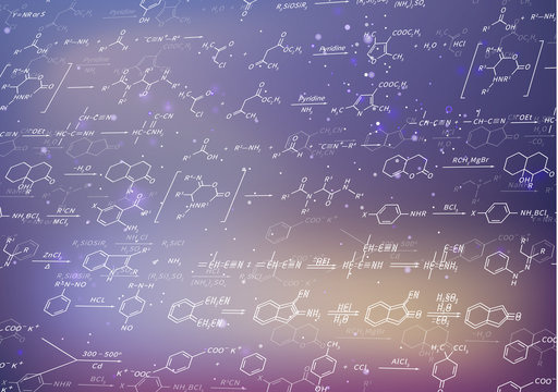 Recondite chemical equations and formulas on blurred purple background