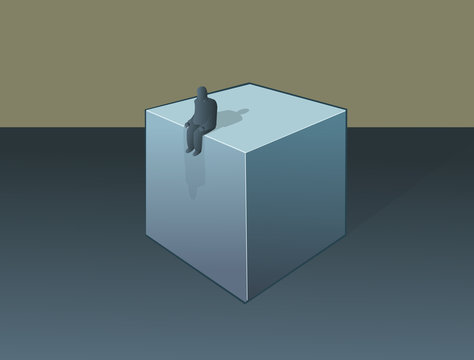 a lonely figure sitting on a cube. Vector illustration