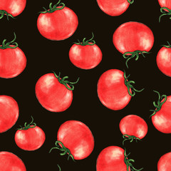 Hand drawn seamless repeated pattern with watercolor ripe red tomatoes on the black background
