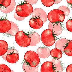Hand drawn seamless repeated pattern with watercolor ripe red tomatoes on the white background