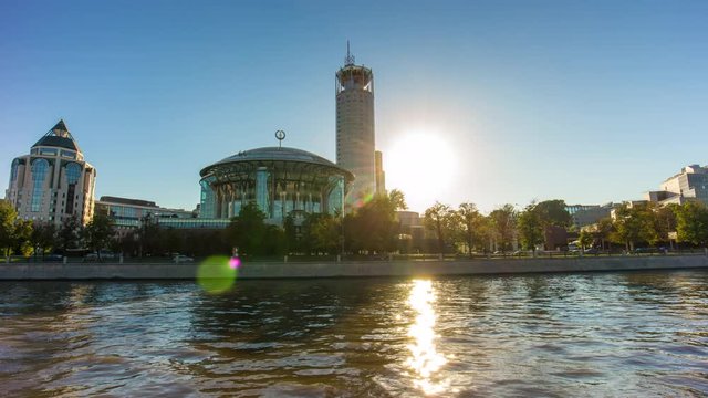 summer day moscow river passenger boat ride city panorama 4k time lapse russia
