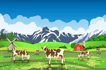 Rural sunrise landscape with cows and farm