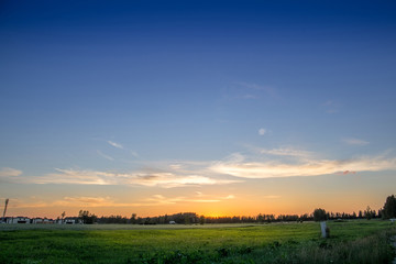 Grass on the Field during Sunrise, Agricultural Landscape in the Summer Time, Free Space for Text