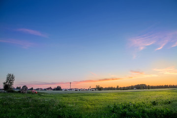 Grass on the Field during Sunrise, Agricultural Landscape in the Summer Time, Free Space for Text