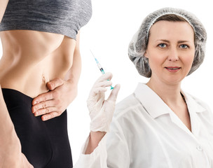 Female doctor with syringe and patient belly