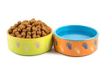 dry dog food and water in ceramic colorful bowls isolated on white.
