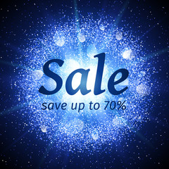 Sale banner on abstract explosion background with blue glittering elements. Burst of glowing star. Dust firework light effect with glow. Sparkles splash powder background. Vector illustration.
