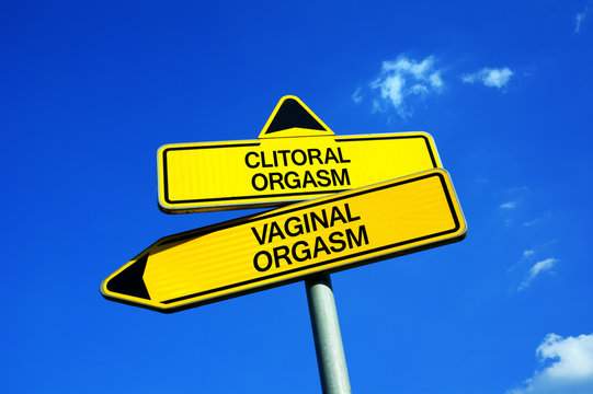 Clitoral or Vaginal Orgasm - Traffic sign with two options - two types of sexual excitement. Stimulation of clitoris by masturbation or oral sex vs penetration of vagina and stimulation of G-spot