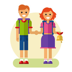 Flat design vector illustration of funny smiling boy and girl holding their hands and going to school with backpack and bell. Back to school concept.