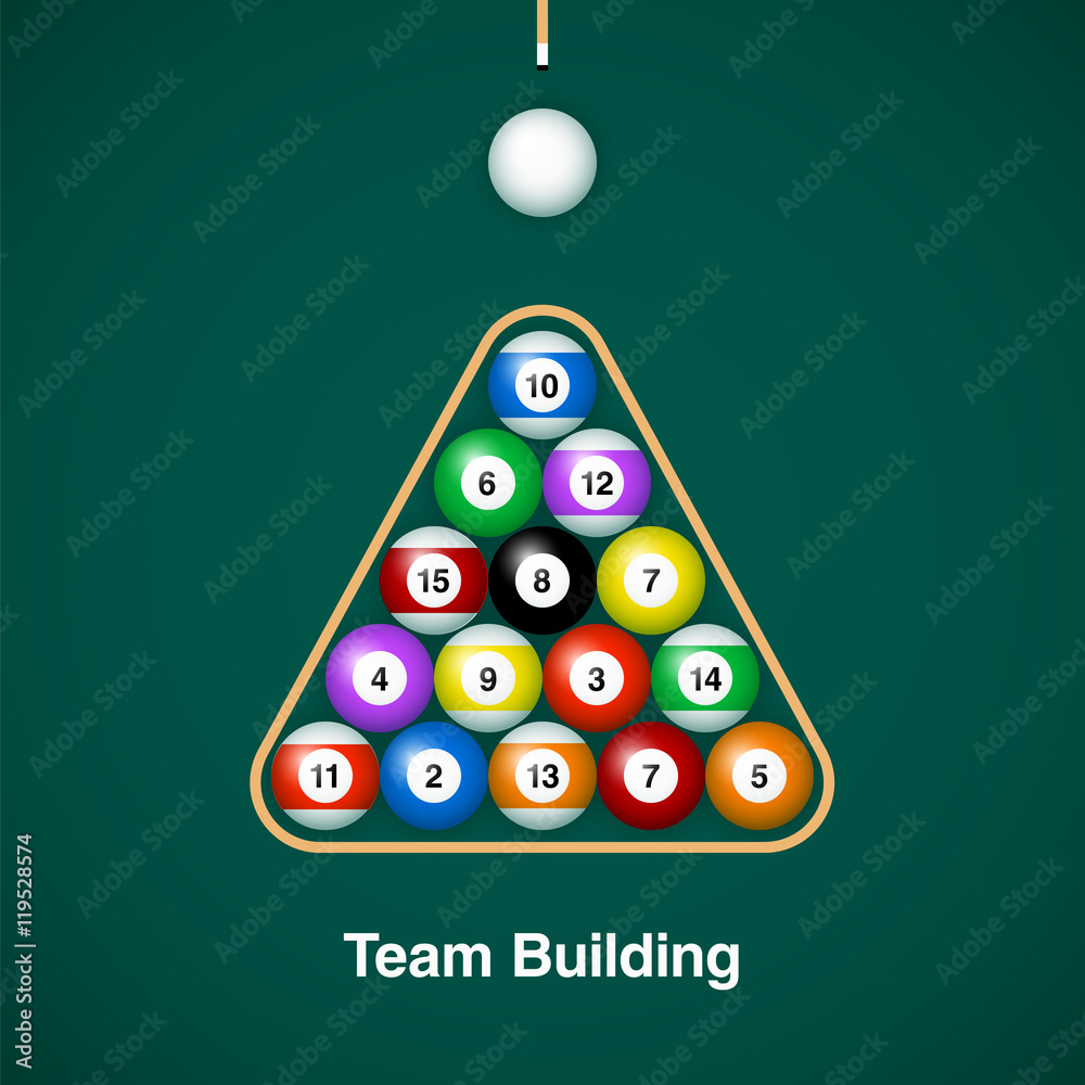 Canvas Prints Placed billiard balls on table with cue and triangle on green table background. Team building concept design.