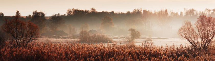 Fototapeta na wymiar Countryside panorama. Meadow in morning frost. Autumn rural landscape