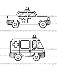 Cars coloring book for kids. Ambulance, police