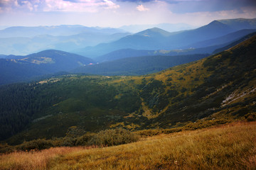 Mountain landscape. Mountain range in haze. Grass and forest on hills. Panorama. Beautiful colors.