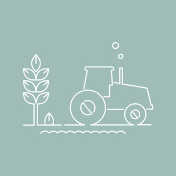 Landscape rural icons with tractor and harvest in thin line style with possibility adjusting thickness of line, flat design. Vector illustration