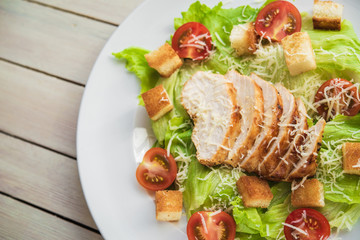 top view of salad cesar with chiken