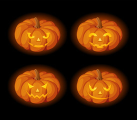 Vector set of four lighted Jack-O-Lanterns (Halloween pumpkins) on a black background.