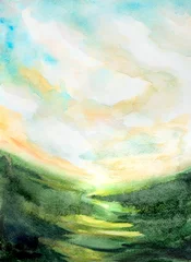 Rollo hand painted watercolor landscape background with sky, grass © flowerstock