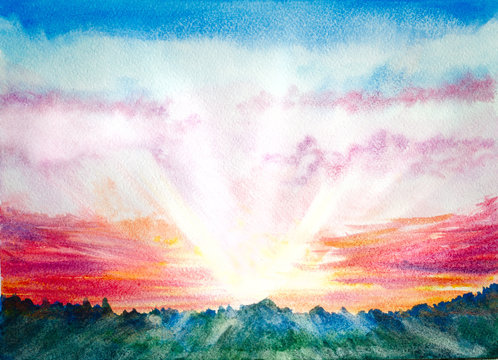 Fototapeta natural landscape with sunrise or sunset rays. hand painted watercolor image
