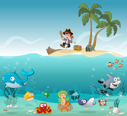 Obraz na płótnie Canvas Tropical island with cartoon pirate boy with fish and mermaid under water. 