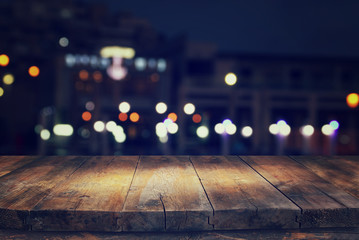 table in front of abstract background of restaurant lights