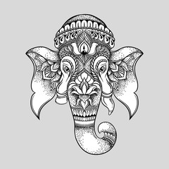 Fototapeta premium Hand drawn elephant head tribal style. Hindu Lord Ganesha vector
