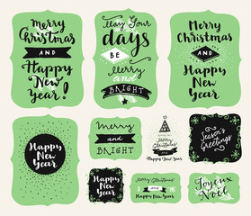 Set of Merry Christmas and Happy New Year vintage hand drawn modern calligraphic greeting cards