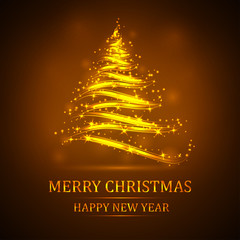 Abstract golden christmas tree on black background. Vector eps10 illustration. Template for greeting card.