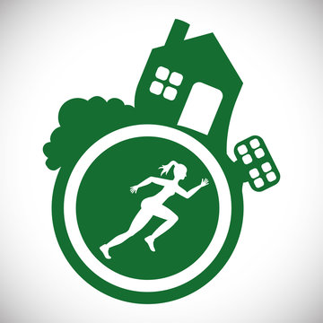 Runner Athlete Woman Girl House Solar Panel Running Training Fitness Healthy Lifestyle Sport Marathon Icon. Colorful And Flat Design. Vector Illustration