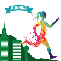 runner athlete woman girl polygonal city urban buildings running training fitness healthy lifestyle sport marathon icon. Colorful and flat design. Vector illustration
