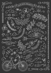 Hand Drawn Ornament Set with Floral Frame.