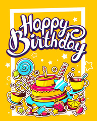 Vector creative colorful illustration of cake with candle, sweet