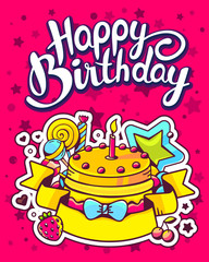 Vector creative colorful illustration of cake with candle, sweet