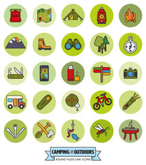 Fototapeta na wymiar Camping and Outdoor Pursuits Round Filled Line Icon Set