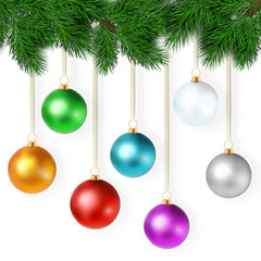 realistic vector illustration with set of bright colorful christmas balls are hanging on a branch of christmas tree