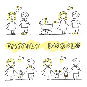 Family hand drawn stick figures on white background. Stylish modern flat vector illustration and design element.