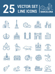 Set vector line icons in flat design with  Barcelona elements - obrazy, fototapety, plakaty